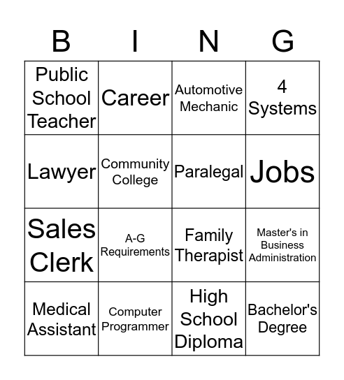Career/College Bingo  Bingo Card