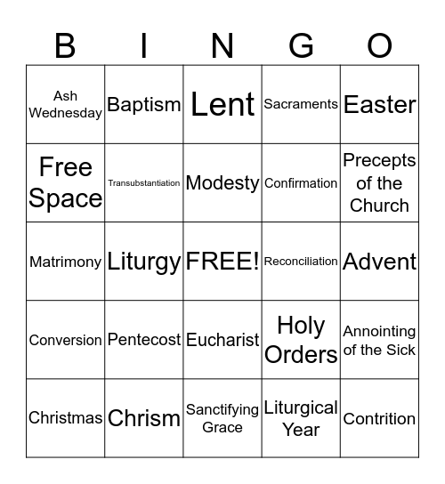 Sacraments Bingo Card
