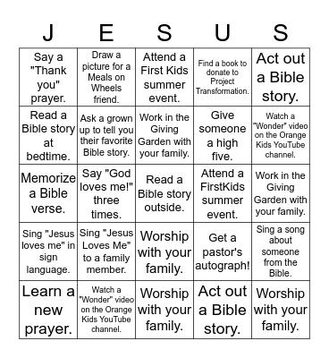 Summer Faith Builders (Preschool) Bingo Card