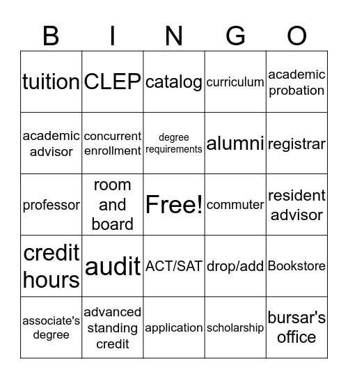 College Prep Terminology Bingo Card