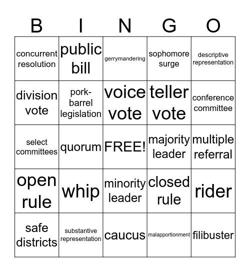 Congress Vocabulary Bingo Card