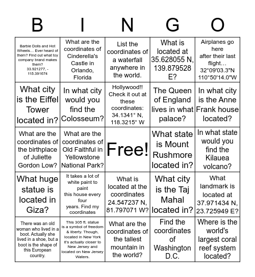 Girl Scouts Around the World Bingo Card