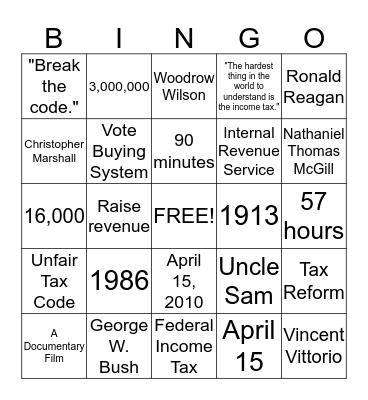 Inconvenient Tax Trivia Bingo Card