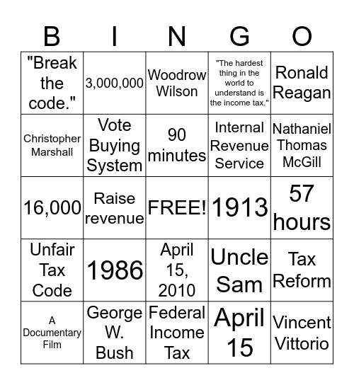 Inconvenient Tax Trivia Bingo Card