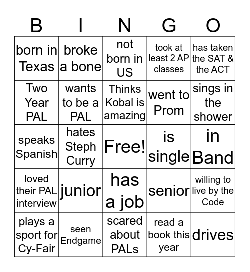 PAL Ice Cream Social Bingo Card