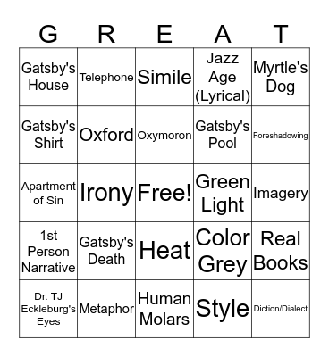 GREAT GATSBY BINGO Card