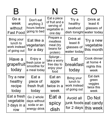 Healthy Eating Bingo Card