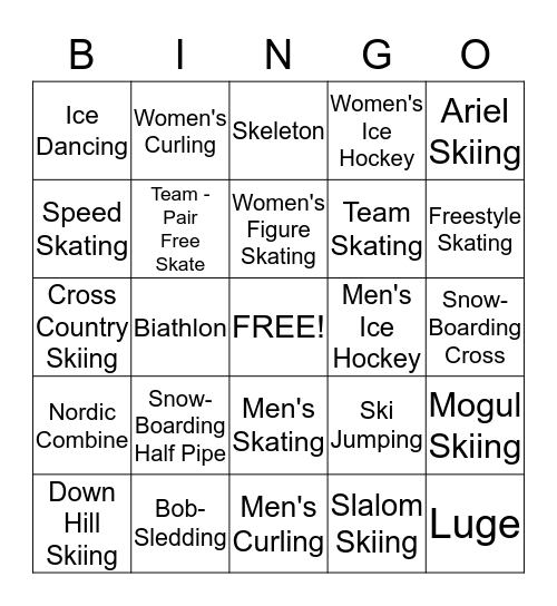 Winter Olympics Sochi 2014 Bingo Card