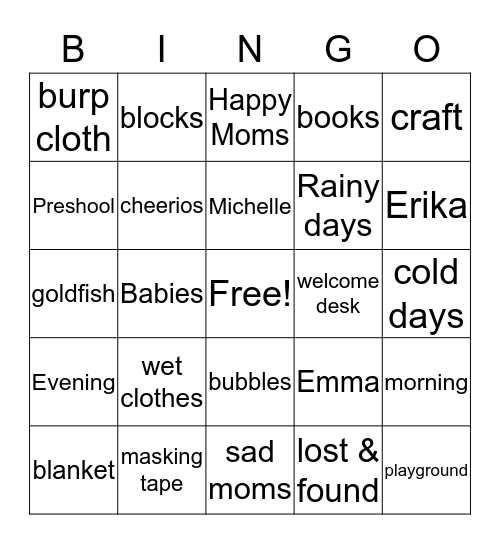 Kids Care Bingo Card