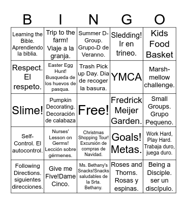 Family Meal Spring 2019 Bingo Card