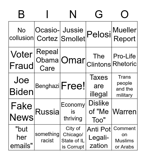 Conservative Family Gathering Bingo Card