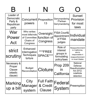 Political Science  Bingo Card