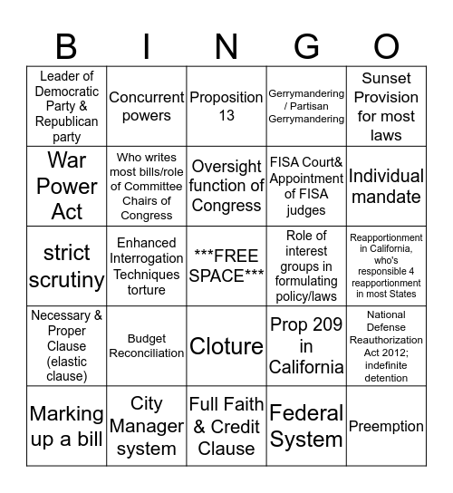 Political Science  Bingo Card