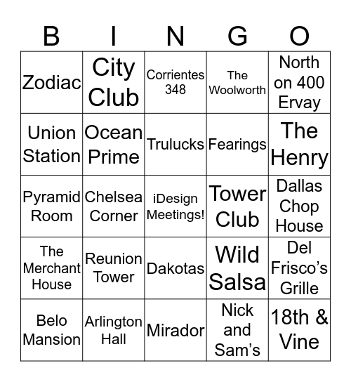 DFW Restaurant Bingo Card