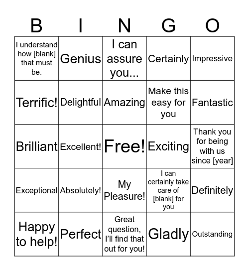 Power word/ phrase Bingo Card