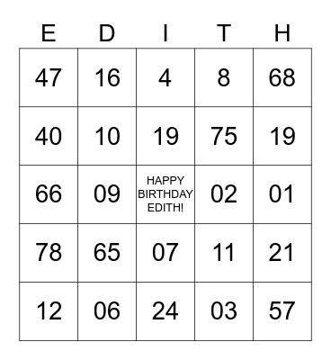 EDITH'S BIRTHDAY BINGO Card