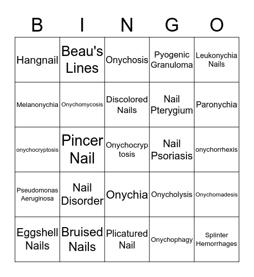 Nail Disorders and Diseses Bingo Card