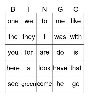 Sight Words Bingo Card