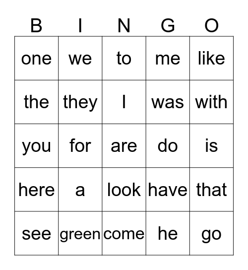Sight Words Bingo Card