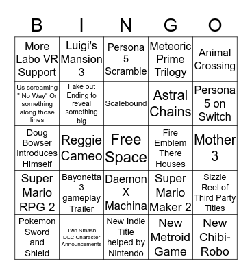 Nintendo E3 Bingo Card