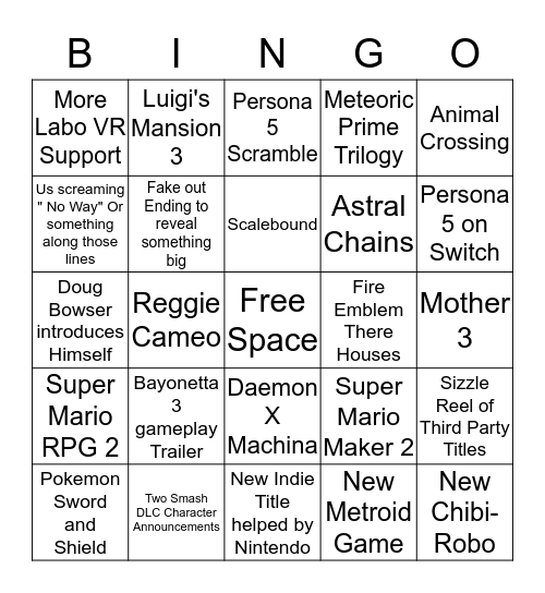 Nintendo E3 Bingo Card