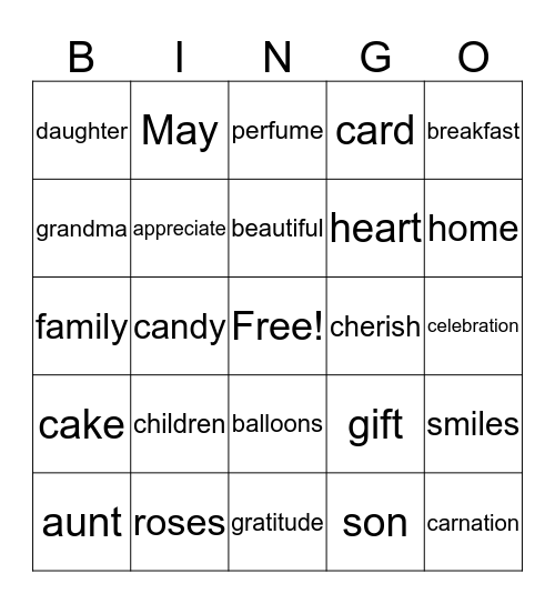 Mother's Day Bingo Card