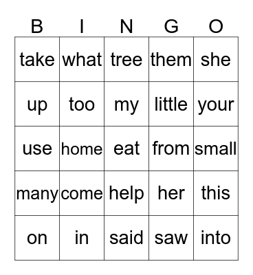 Sight Words Bingo Card