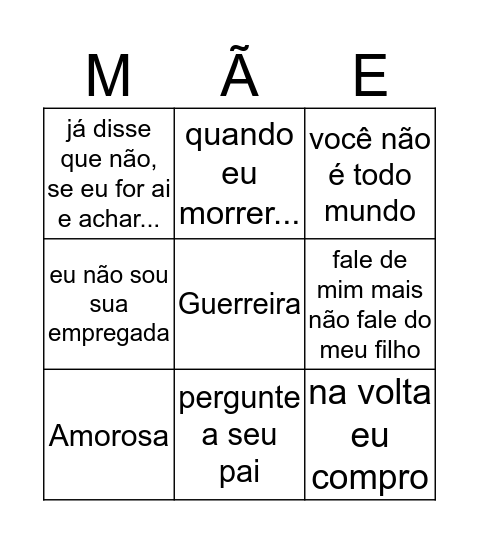 Feliz dia das mães Bingo Card