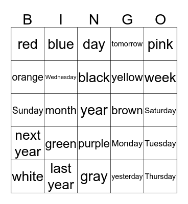 Color & Days of the Week Words Bingo Card