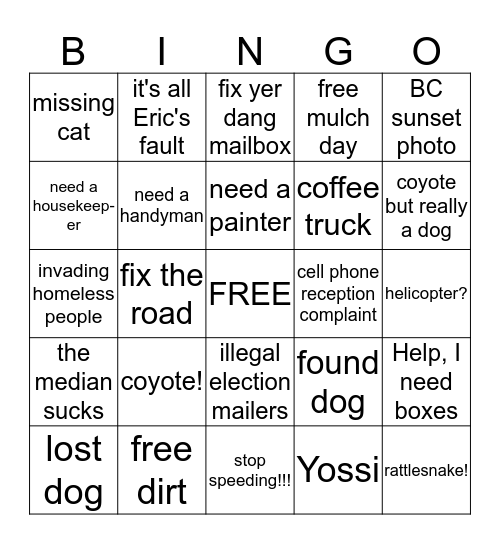 Nextdoor Bingo Card