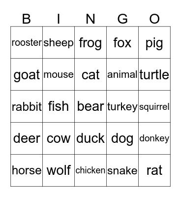 Animal Words Bingo Card