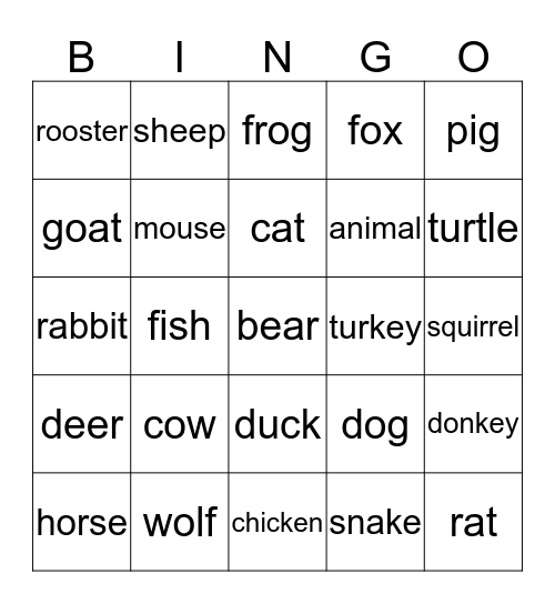 Animal Words Bingo Card