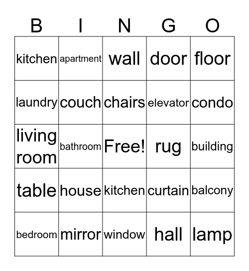 Home Vocabulary Bingo Card