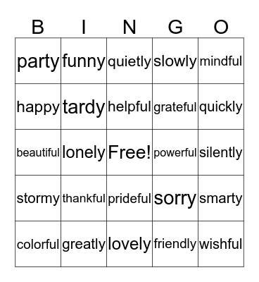 Suffix Bingo Card