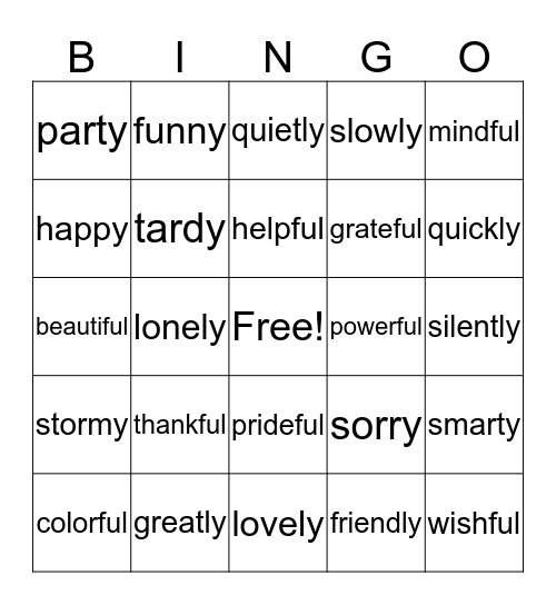 Suffix Bingo Card