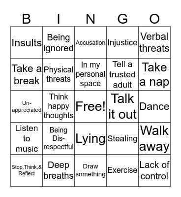 Triggers and Coping Skills Bingo Card