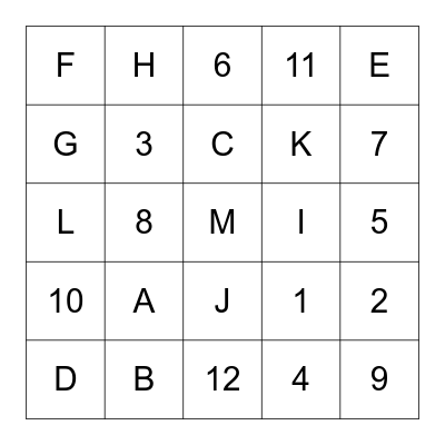 Numbers & Letters Bingo Card