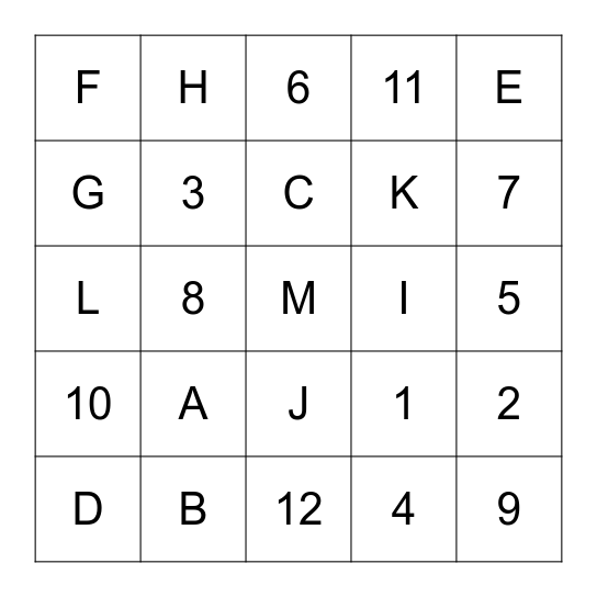 Numbers & Letters Bingo Card