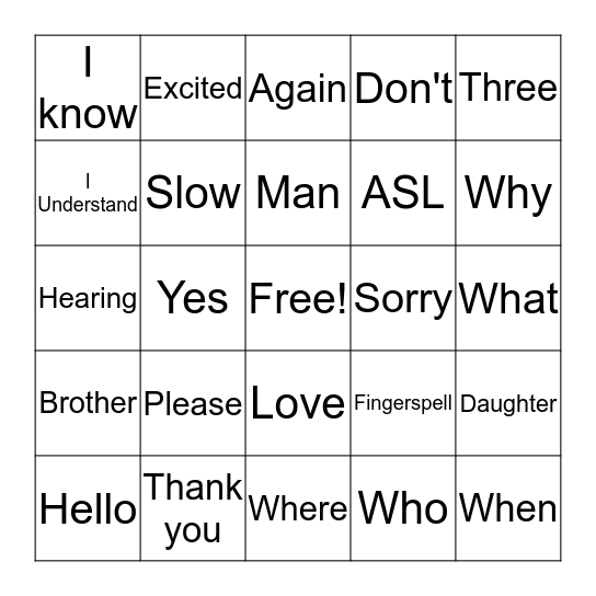 ASL Basics Bingo Card