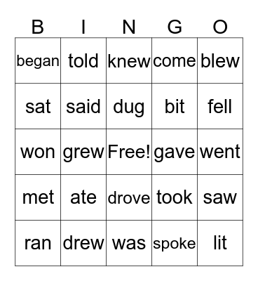 Irregular Verbs  Bingo Card