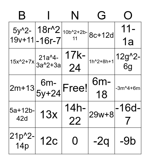 Combining Like Terms  Bingo Card