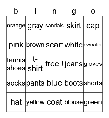 clothing and colors ! Bingo Card
