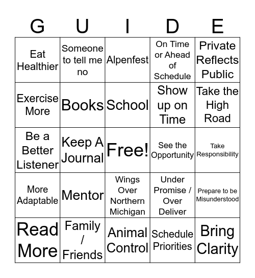 Paula's Personal Leadership Plan Bingo Card