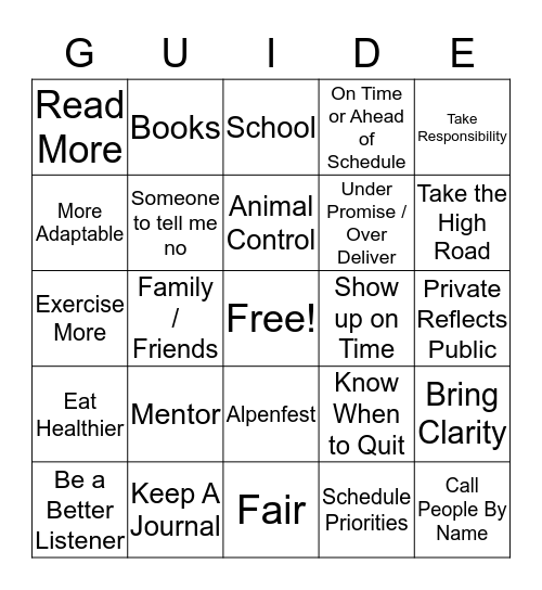 Paula's Personal Leadership Plan Bingo Card