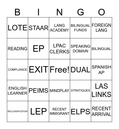 BILINGUAL DEPARTMENT ROCKS! Bingo Card