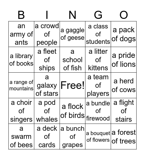 Collective Nouns Bingo Card