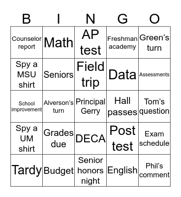 Staff meeting Bingo Card