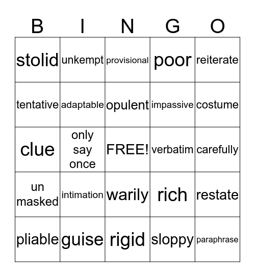 List 1b Bingo Card