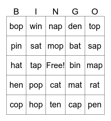 CVC Word Bingo Card