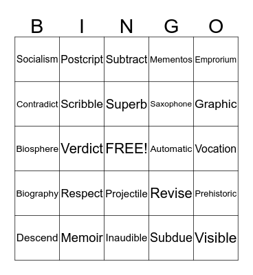 Greek and Latin Roots Bingo Card